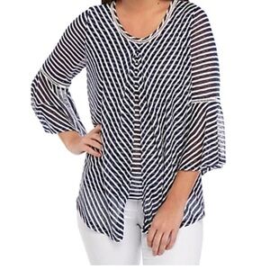 Hannah Top Draping Blue & White Pull Over 3/4 Bell Sleeves Nautical Size M